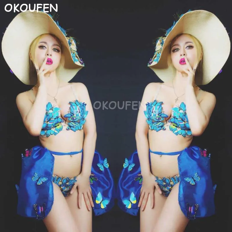 Sexy Blue Butterfly Bikini Costume set Party Show Dance Team Show wear nightclub bar stage show per