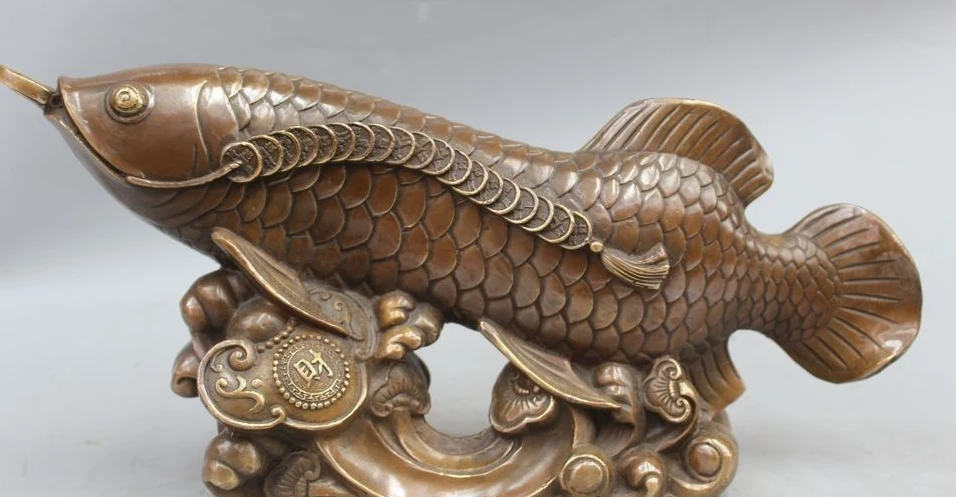 

16" Chinese Bronze Animal Fish Goldfish barracuda Money Wealth Ru Yi Statue