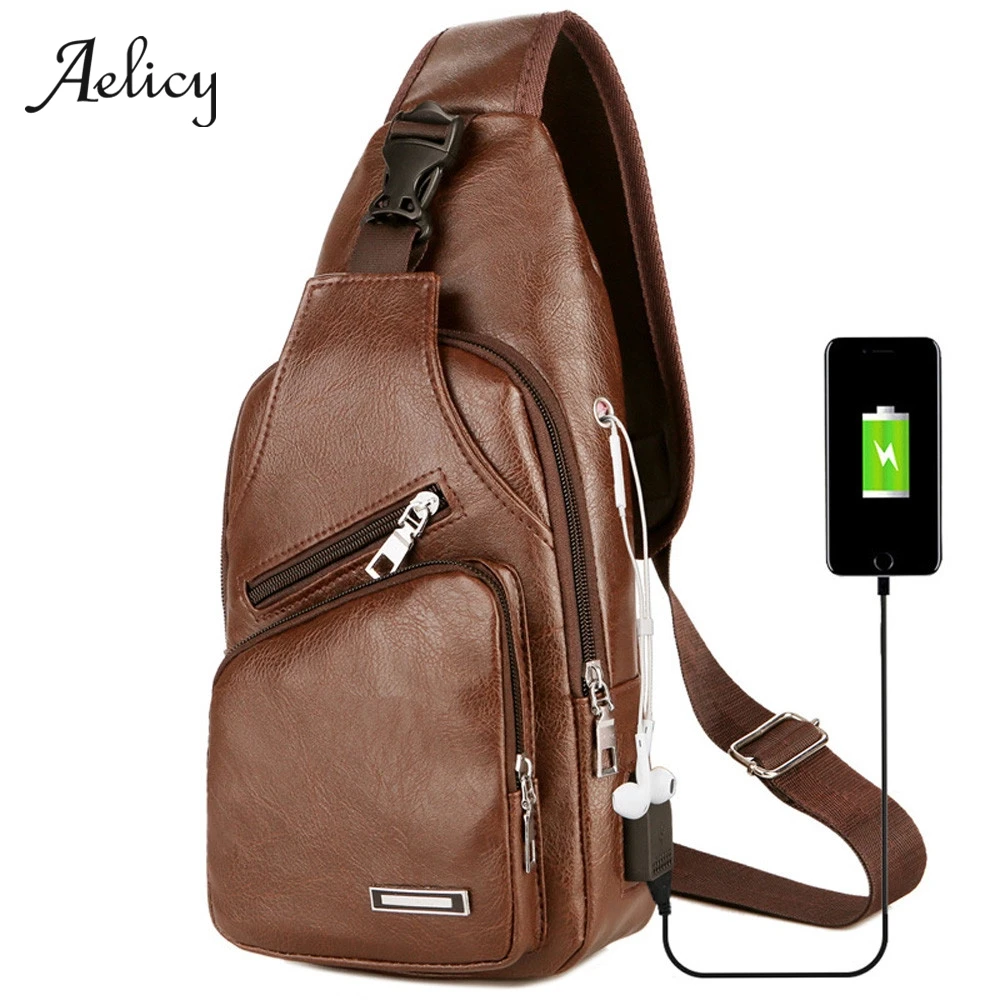 Aelicy, Мужская нагрудная сумка, мужская кожаная нагрудная сумка, USB рюкзак с отверстием для наушников, функциональный органайзер для путешествий, мужская сумка-слинг 605