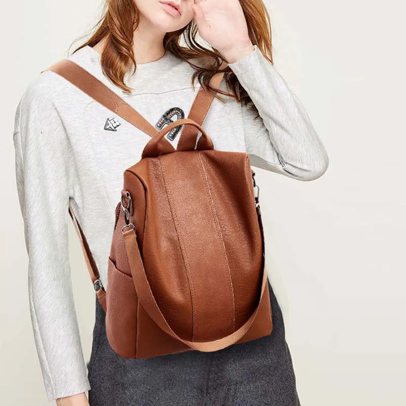 

2019 New Female Anti-theft Backpack Classic PU Leather Solid Color Large Capacity Backpacks Totes School Bag For Teenager Girl