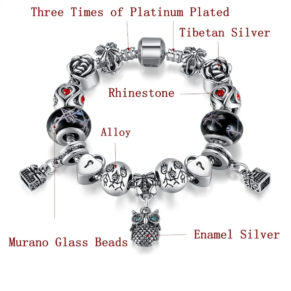 ELESHE Fashion Jewelry Enamel Silver Owl Charm Bracelet European Murano Glass Bead Crystal Heart Charm Bracelet Bangle for Women
