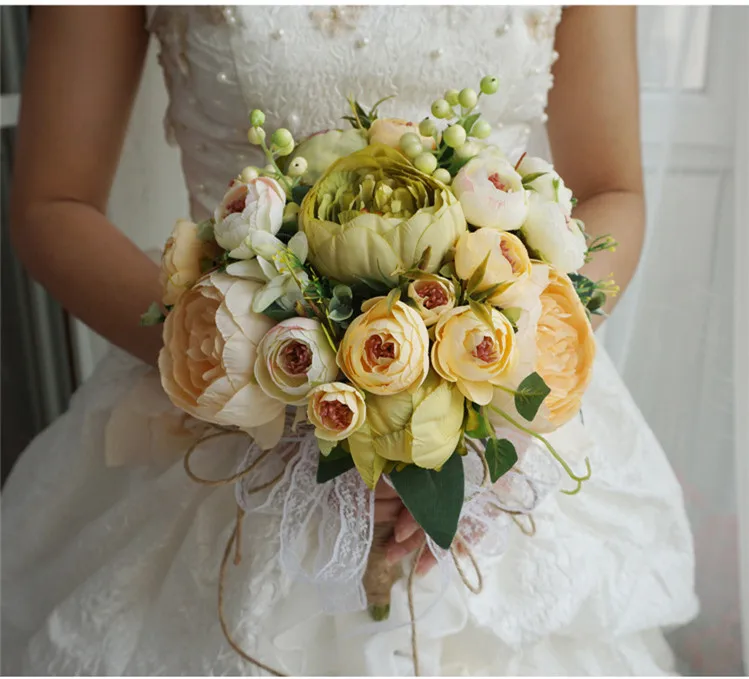 Flone European Artificial Peony Berry Flower Bouquet Bride Holding Flowers Fake Silk Flowers Home Party Decor Flower Arrangement (6)