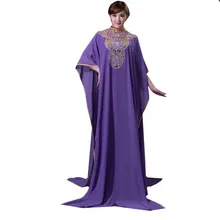 Purple Chiffon Beaded Muslim Women Kaftans High Neck Sleeved Arabic Evening Kaftan Custom Size