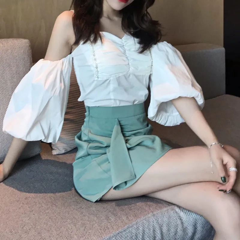 

Summer Women's Sexy Sets Off Shoulder Puff Sleeve Flash Beading Tops And Irregular Mini Skirt Suit Women Night Club Sets