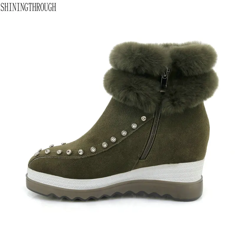 

New wedges high heels women snow boots genuine leather sexy rivets ladies boots winter warm platform shoes woman black green