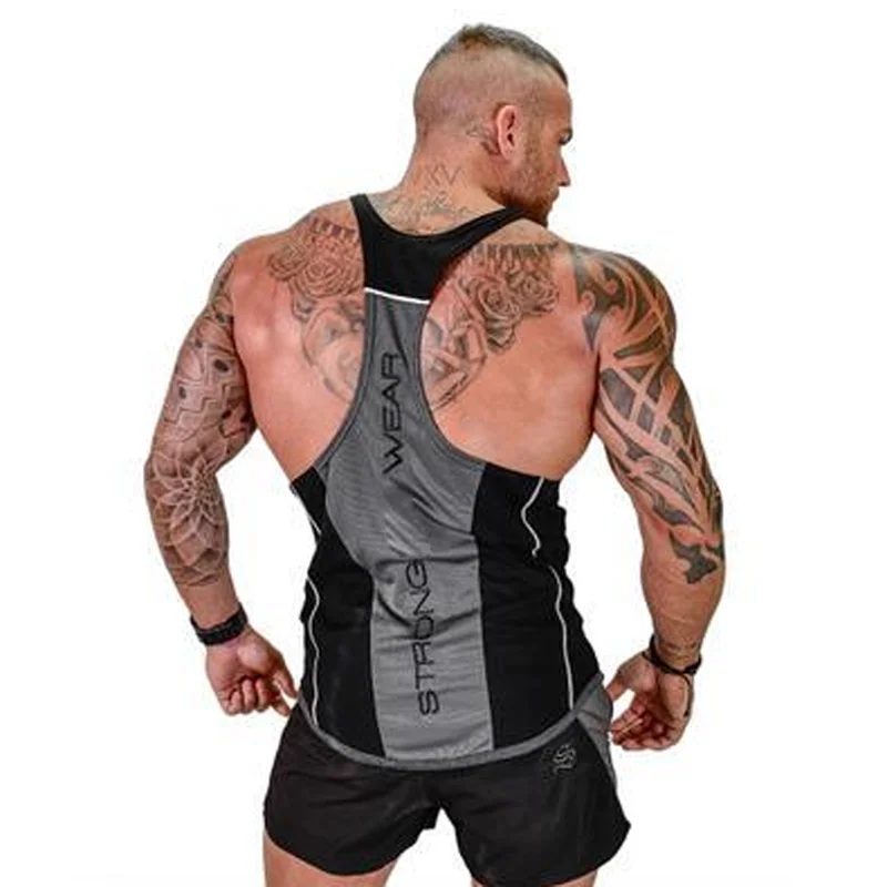 

Gyms Bodybuilding Men Tank Top Splice Workout Brand Clothing Print Fitness Vest Stringer Sportswear Undershirt Tops High Quality