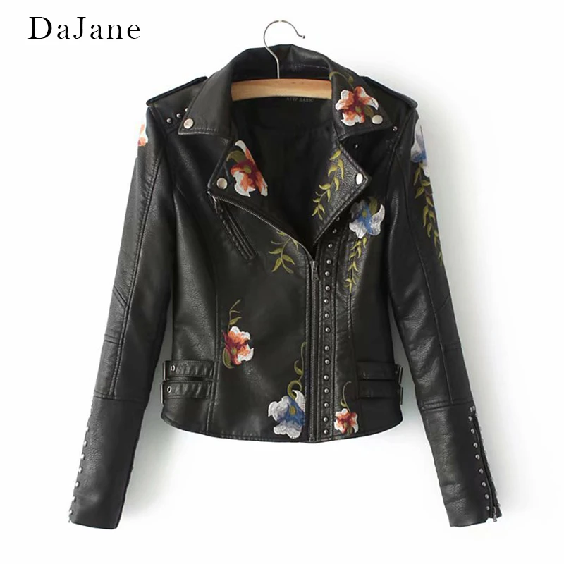 

Autumn Winter New women's long-sleeved Embroidery PU Leather Motorcycle Coat Manufacturers Leather Jacket Women
