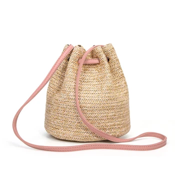 

Summer Straw Bucket Bag Weave Purse Handbag Fringe Bohemian Bag Pouch pink
