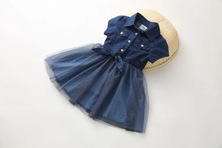 2018 Summer 2-4 6 8 10 Years Little Kids Cute Short Sleeve Turn-down Collar Bow Patchwork Lace Denim Dress For Girls 10 Year Old (9)