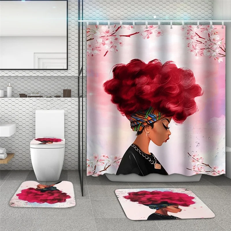 4 Pcs African Girl 3D Waterproof Shower Curtain Bathroom Non-Slip Rug Toilet Seat Cover Bath Mats Set Home Decor 3 Color