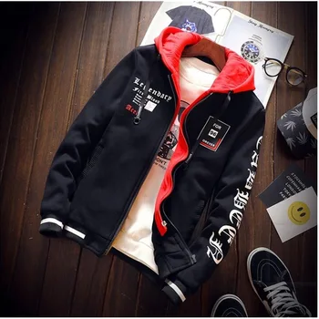 

2018 New Personality Trend Bomber Jacket Detachable Cap Letter Print Baseball Jacket Men Loose Large Size Mens Coats And Jackets