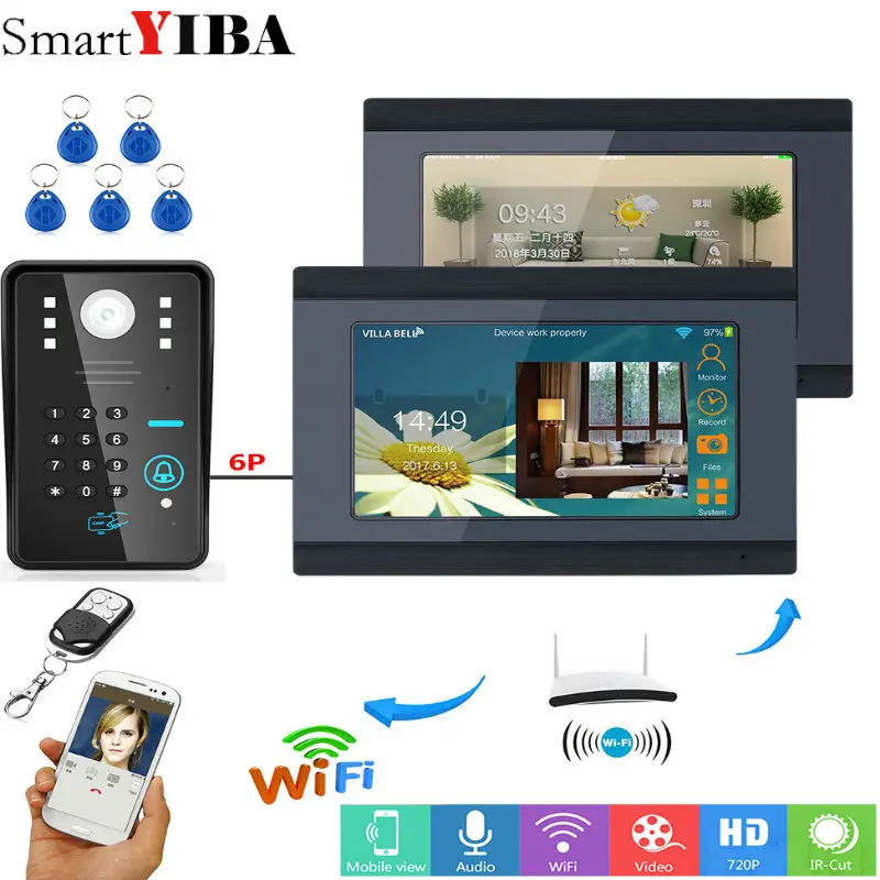SmartYIBA 7 дюймов 2 Мониторы проводной/беспроводной Wi Fi RFID пароль видео телефон двери дверные звонки домофон системы с проводной камера