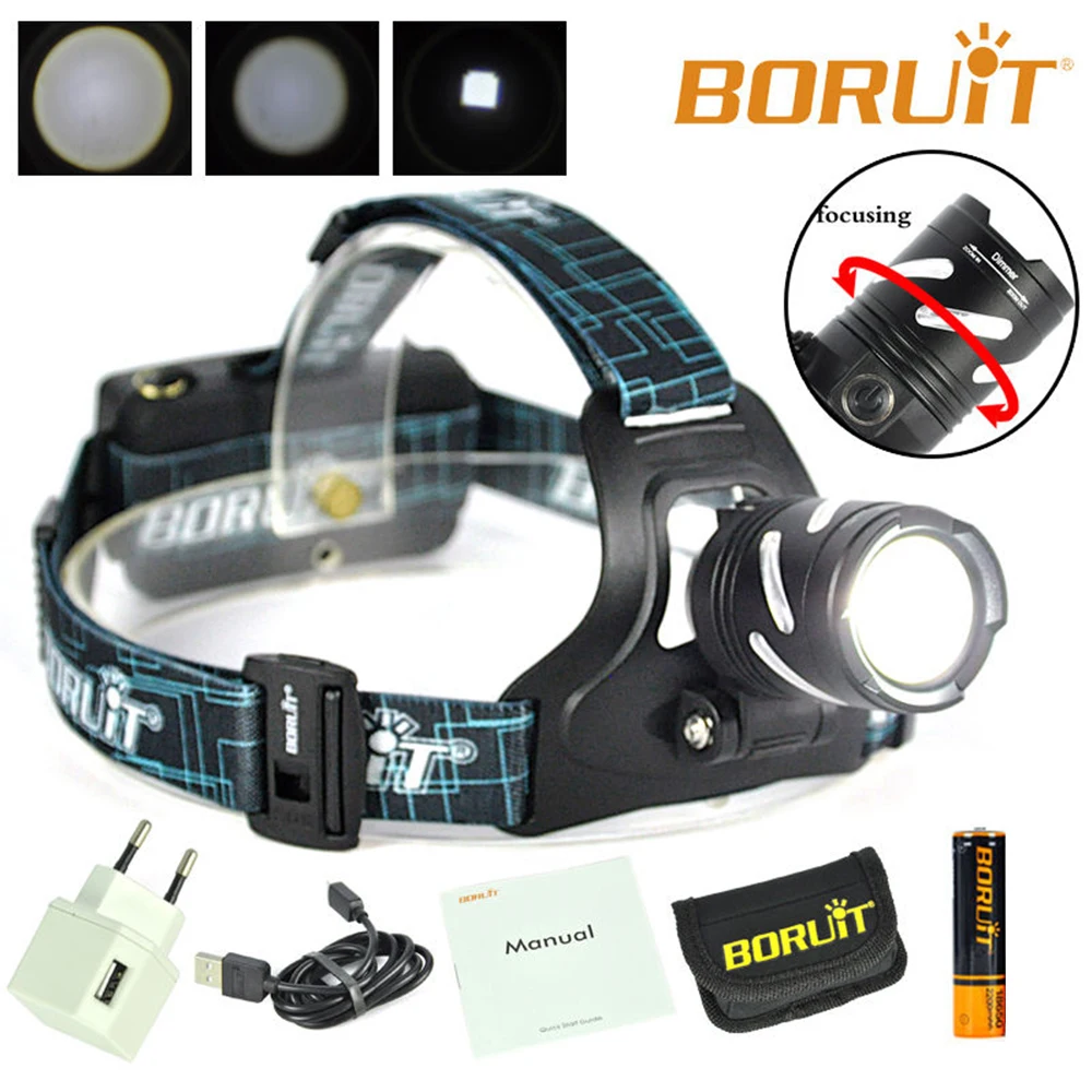 

BORUiT B9 LED Headlamp XPG2 LED AAA 18650 Zoomable SOS Alarm Head Flashlight Torch Lamp with Battery and Charger