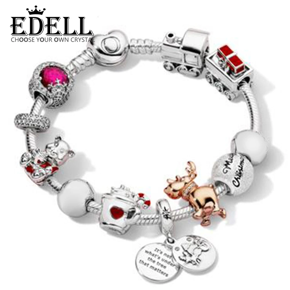

EDELL 100% 925 Sterling Silver Winter Bracelet Set Merry Christmas Charm Dazzling Snowflake Charm ROSE REINDEER BEAR Train Charm