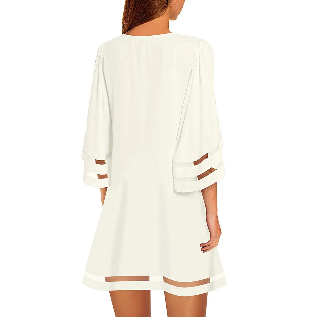 Летнее платье sukienki белое платье с v-образным вырезом сетчатая панель блузка 3/4 рукав-колокол свободная футболка Топ платье сексуальное платье