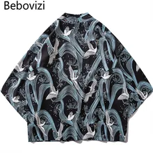 Bebovizi 2019 Streetwear Japan Ukiyo E Crane Printed Kimono Harajuku Japanese Retro Style Casual Thin Coats Men Cardigan Jackets