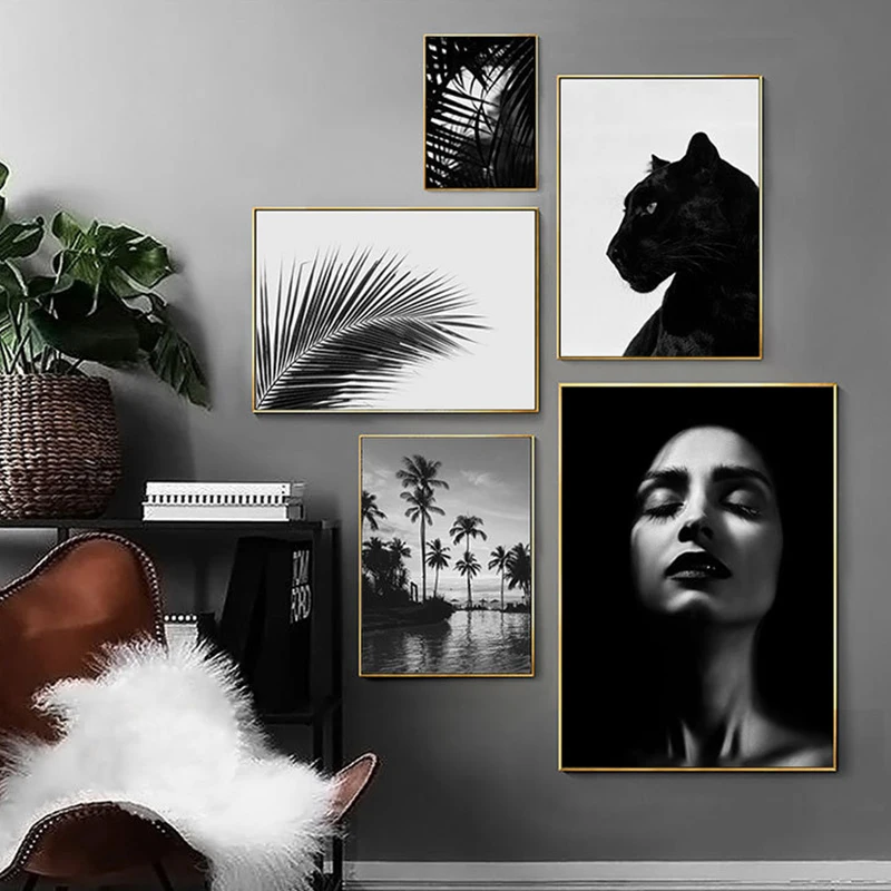 Скандинавские черно-белые листья животное женщина пейзаж холст искусство абстрактный принт Плакат Картина Настенная гостиная украшение дома