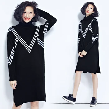 

BIG SIZE Autumn Winter Women European Fashion Turtleneck Long Knit Stripe Tops Lady Female Plus Large Split Sweater Blouse Dress