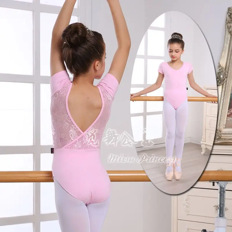 

Summer Girls Lace Leaking Back Ballet Dance Dress Short Sleeved Girls Gymnastics Leotard Ballet Leotards For Girl Dance Wear