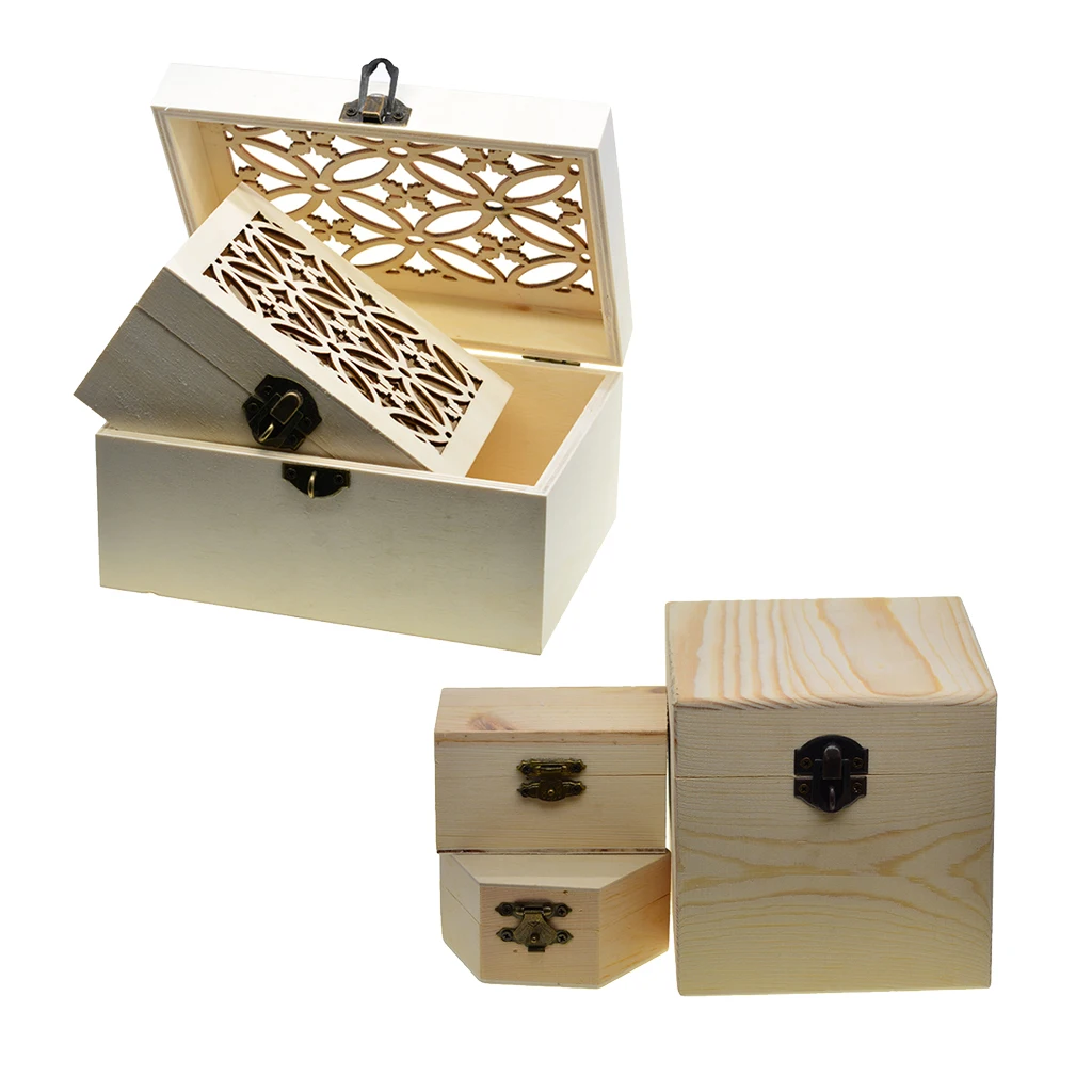 6pcs Natural Unfinished Wood Wooden Jewelry Gift Box Storage Case Organizer for DIY Painting Craft with Lid and Lock