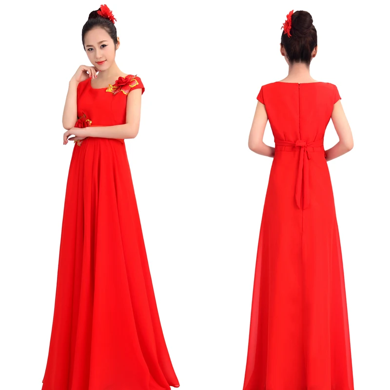 (0178) Chinese folk music chorus costumes stage blue China wind costumes performance clothing red Chinese style