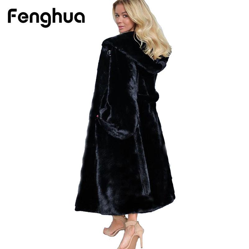 2018 Winter Black Faux Fur Coat Women Casual Long Sleeve Hooded Fur Jacket Coats Warm Oversize Long Coat Outerwear Plus Size 4XL