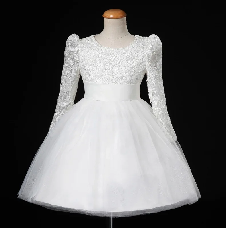 Элегантное и торжественное цветочное бальное платье с кружевами для девочек до 10-12 лет с длинным рукавом и большим белым бантом