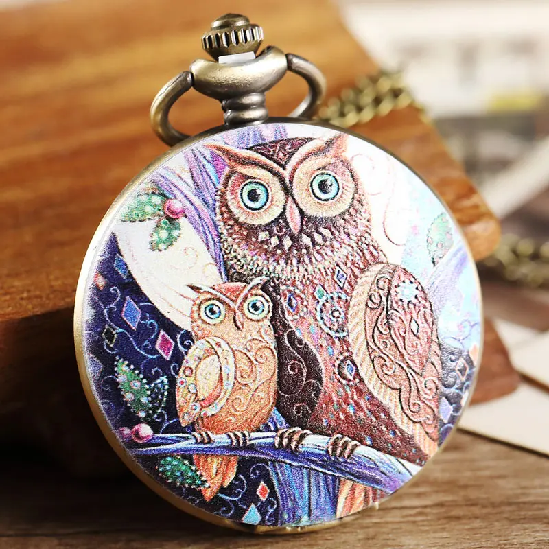 Retro Bronze Cute Owl Quartz Pocket Watch Necklace Vintage Pendant Fob