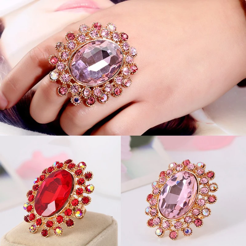 Модные кольца с большими кристаллами, Преувеличенные полностью Стразы, регулируемые женские кольца, классические винтажные Красные Белые циркониевые обручальные кольца