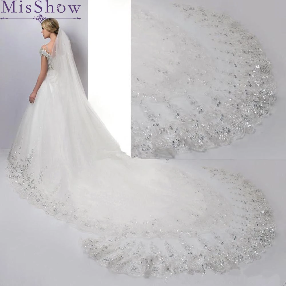 4 Meter Ivory/White Bridal Veils Lace Edge Tulle Bling Seuqins Cathedral Wedding Veil 2018 Long Veu de Noiva Wedding Accessories