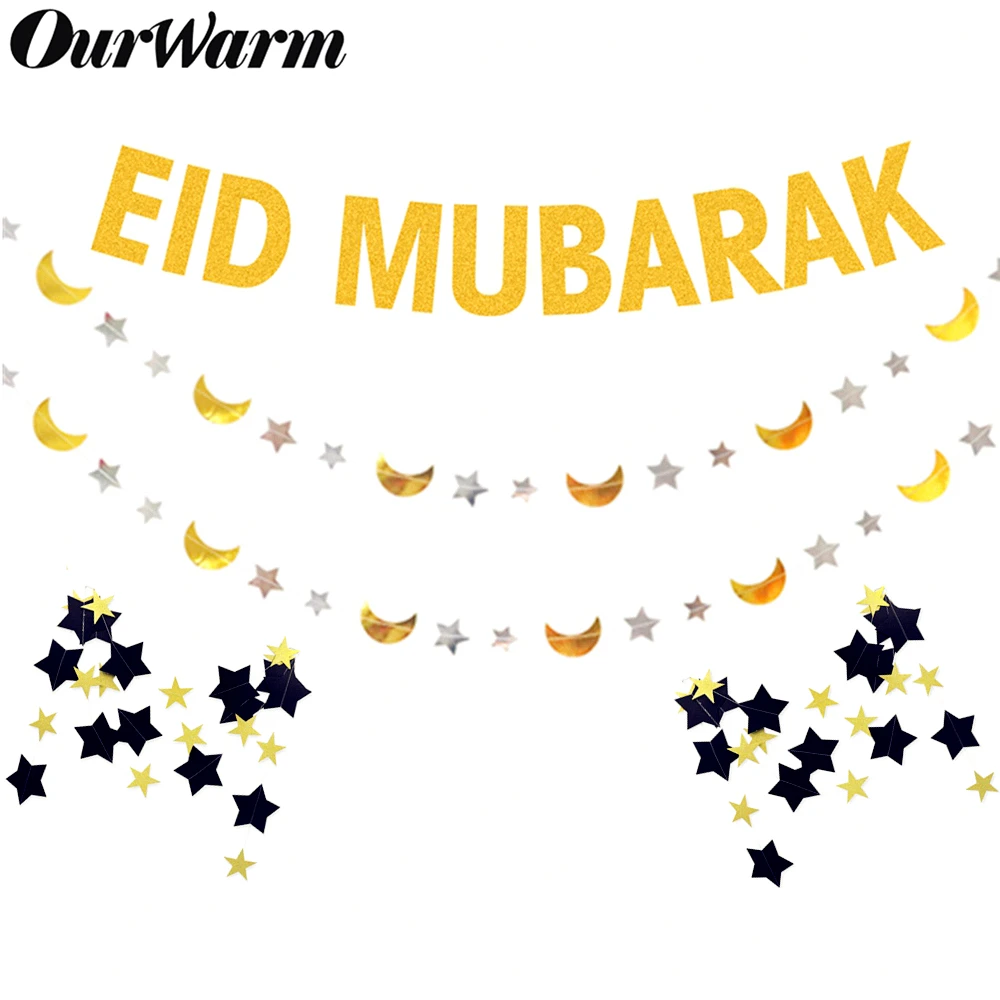 

OurWarm Ramadan Kareem Party Banner Gold Sliver Moon Star Paper Glitter Banner EID Mubarak Party Muslim Islam Home Decoration