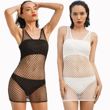 

Women Solid Mesh Crochet Bikini Cover Up Swimwear Bathing Suit Sleeveless Summer Holiday Beach Mini Dress