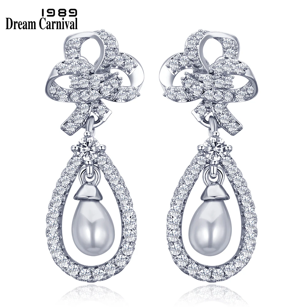 

DreamCarnival 1989 Knot Design Women Fancy Fashion White Zircon Wholesales Gift Pendientes Synthetic Pearl Drop Earing SE15202R