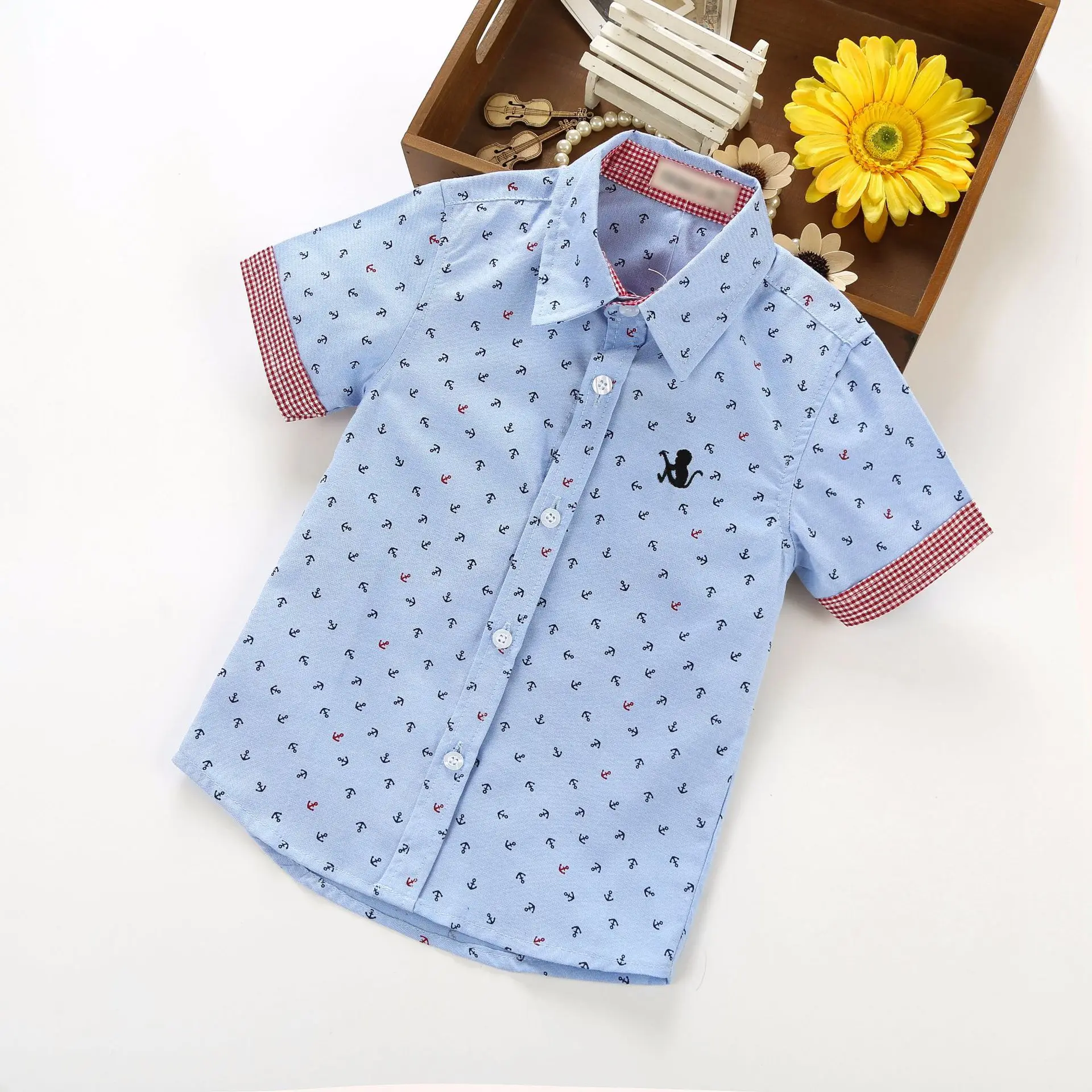 

New summer boys cotton clothes children's shirt gentleman evening party rinted anchor shirt kids short sleeve casual shirts