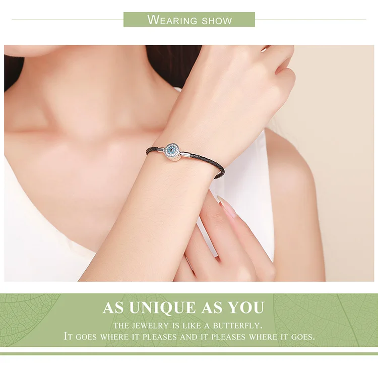 Leather Round Clasp Dazzling Clear CZ Leather Bracelet