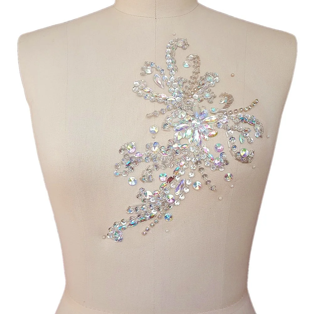 

Pure Handmade Crystal Patches Sew on AB Color Rhinestones Applique with Stones Sequins Beads DIY for Decor Accessory 18x24cm