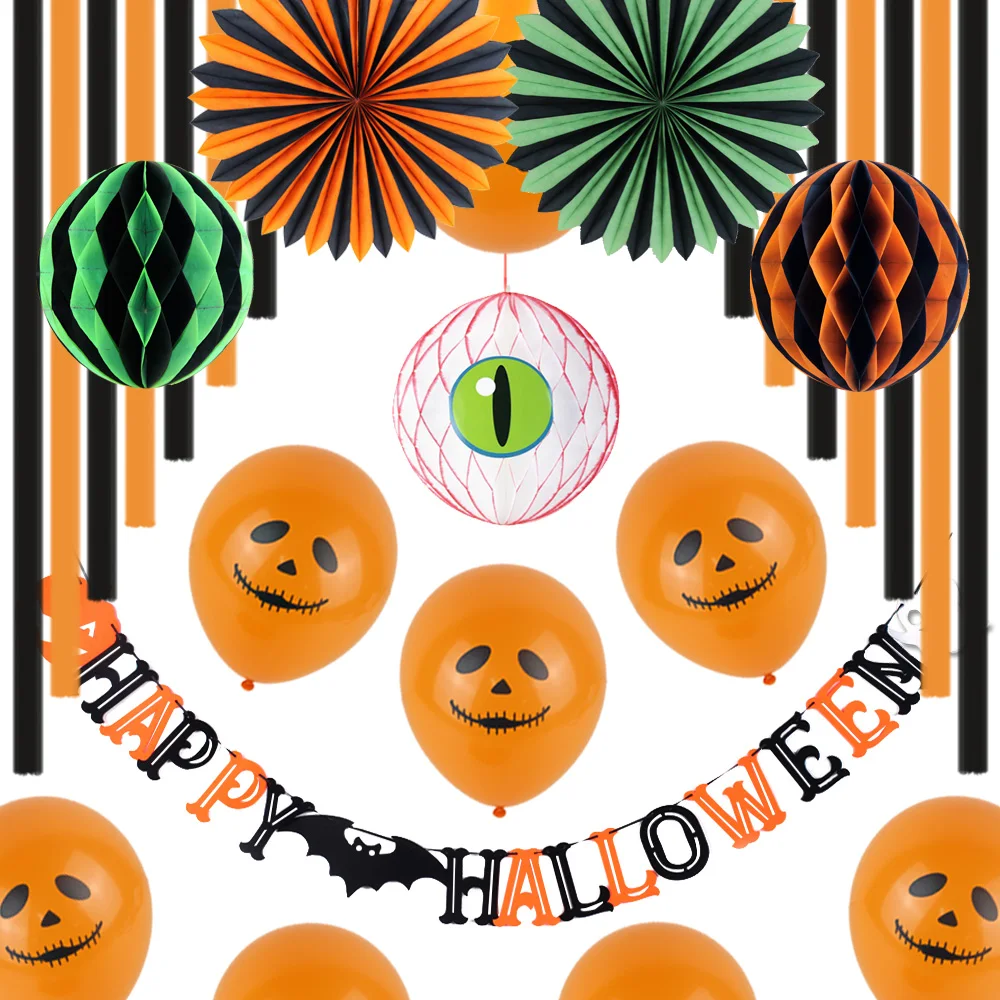 

25pcs Halloween Decorations Eyeball Honeycomb balls Fans Happy Halloween Banner Balloon Orange Black Festival Supplies