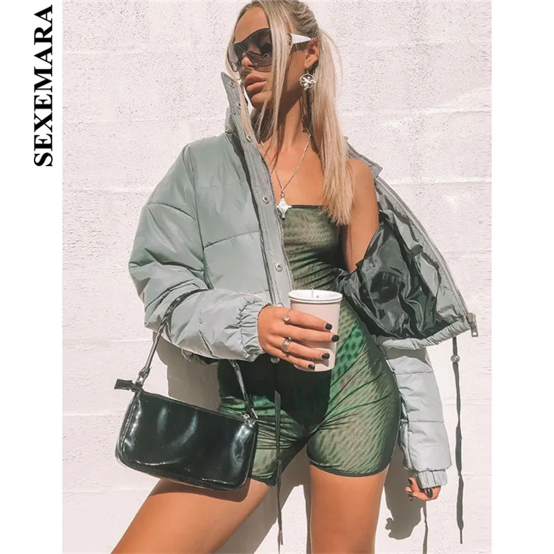 SEXEMARA Short Cropped Thick Reflective Jacket Women 2018 Fall Winter Windbreaker Streetwear Bomber Jackets and Coats C87-CA26