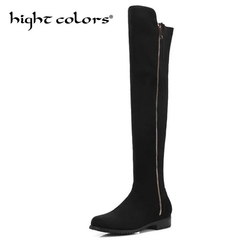 

Low-Heeled Knee Boots Female Side Zipper Women Over the Knee Boots Flat Stretch Sexy Fashion Shoes 2019 Black Dark Gray Wine Red
