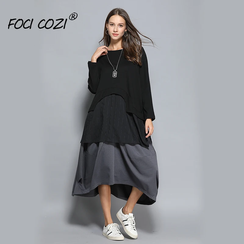 

New Store Open Plus Size Ladies Long Sleeve Top Cotton Black-gray Stripe Stitching Tees Vogue Women Loose Shirt New Arrival 2019