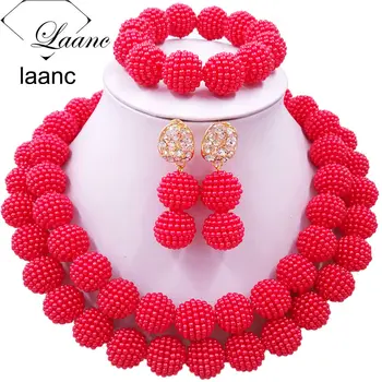 

Laanc Fashion Red Jewelry Sets Nigerian Beaded Simulated Pearl Necklace Costume African Wedding Beads Jewelry Set 2RZD003