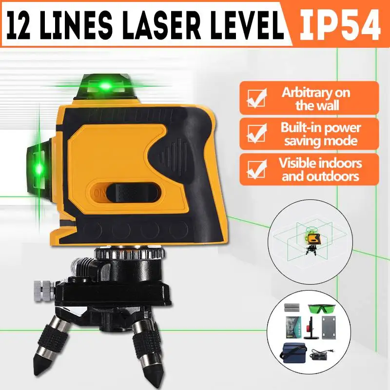 

12 Lines Green Cross Line Laser Level 532nm 3D 360 Degree Rotation Auto Leveling Horizontal Vertical Laser Beam + Tripod+T-type