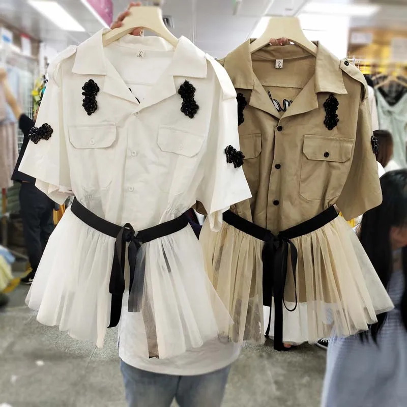 

2019 Women Two Piece Outfits Sequined Embroidery Half Sleeve Khaki Jacket Blouse + Lace-up Patchwork Tulle Tutu Mesh Skirt Set