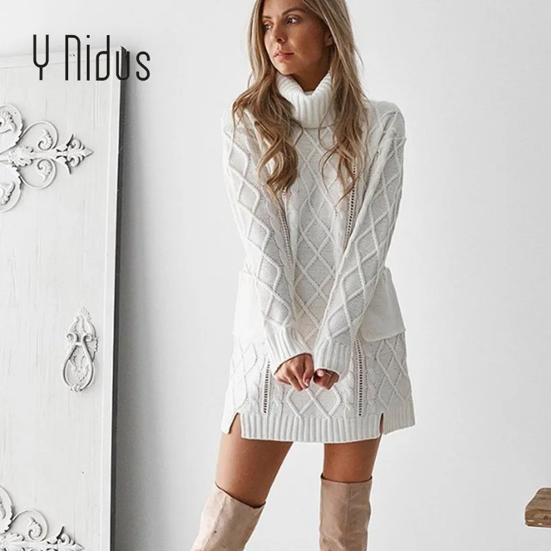 white turtle neck jumper dress