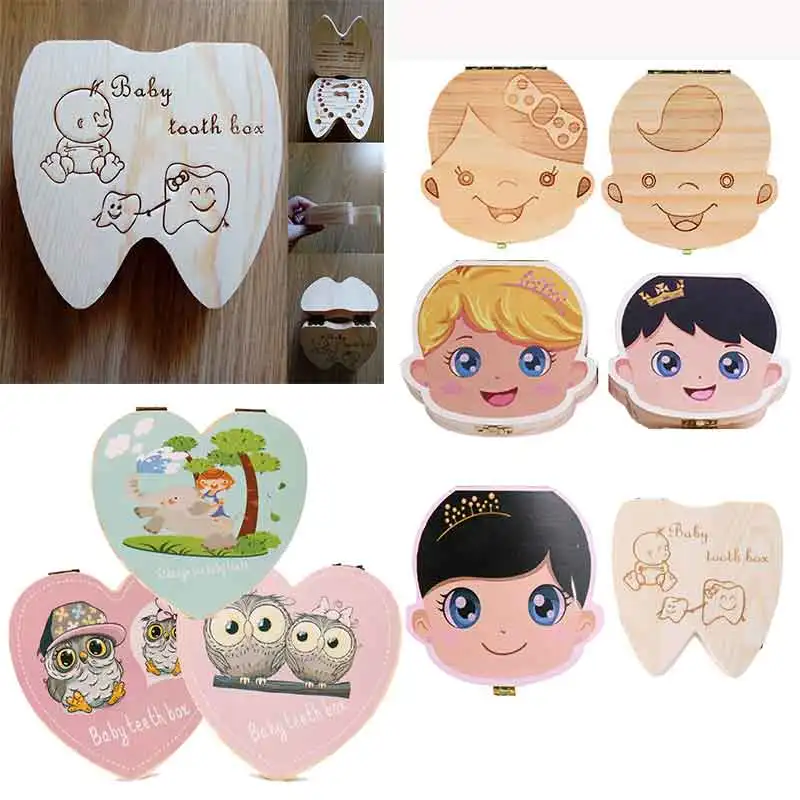 

English/Spanish Wooden Baby Tooth Box Organizer Milk Teeth Storage Umbilical Lanugo Save Collect Baby Souvenirs Gifts