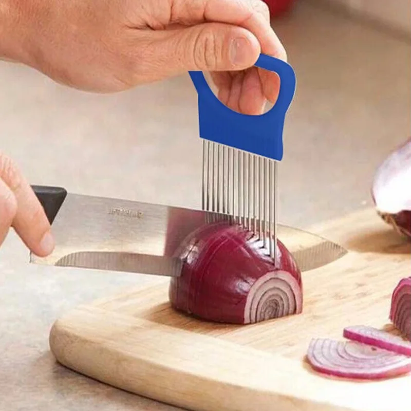 

1PC Stainless Steel Onion Slicer Tomato Vegetable Holder Cutter Multifunctional Cutting Aid Guide Holder Slicing Cutter OK 0259