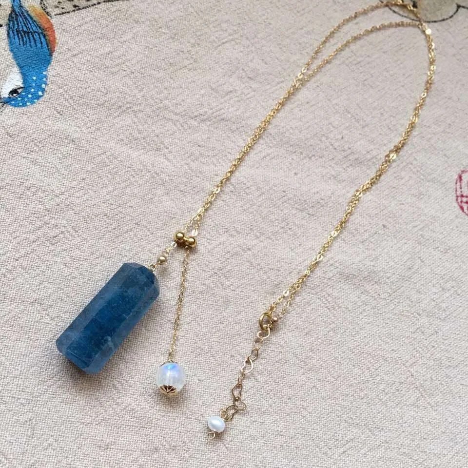 

26x11mm Natural Aquamarine Blue Transparent Crystal Pendant With 14k Chain Ocean Necklace For Women AAAAA Drop Shipping