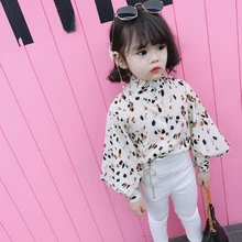 Весенне-осенняя Блузка для девочек; рубашка для малышей; топы для детей; модная детская одежда с рюшами на шее; с пышными рукавами; с леопардовым принтом; для детей от 2 до 7 лет