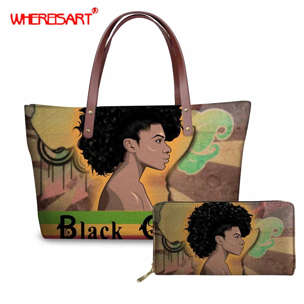 

WHEREISART Black Art Afro Printed African Girls Women Messenger Bag Summer tote Bag for Women Vogue Purse with Handbag Set