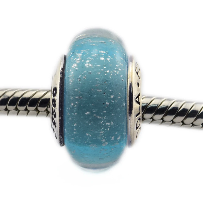 

DIY Fits Pandora Charms Bracelets Elsa Murano Glass Beads with Light Blue flourescent 925 Sterling-Silver-Jewelry Free Shipping